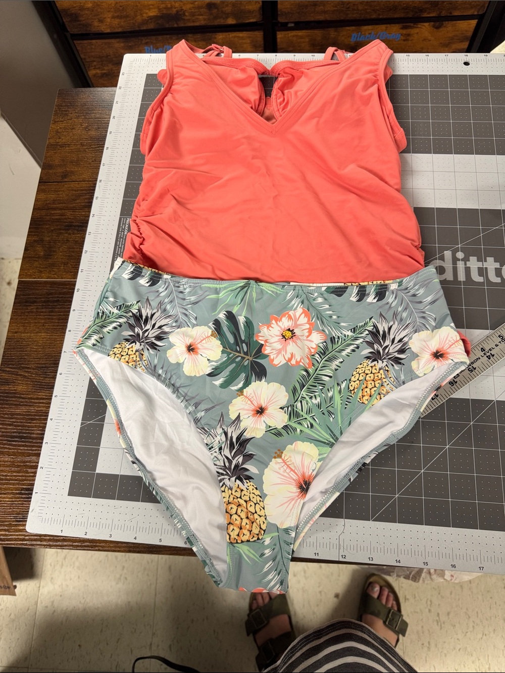 Coral V-Neck Ruched Tankini Top with Tropical Pineapple Print Bottoms